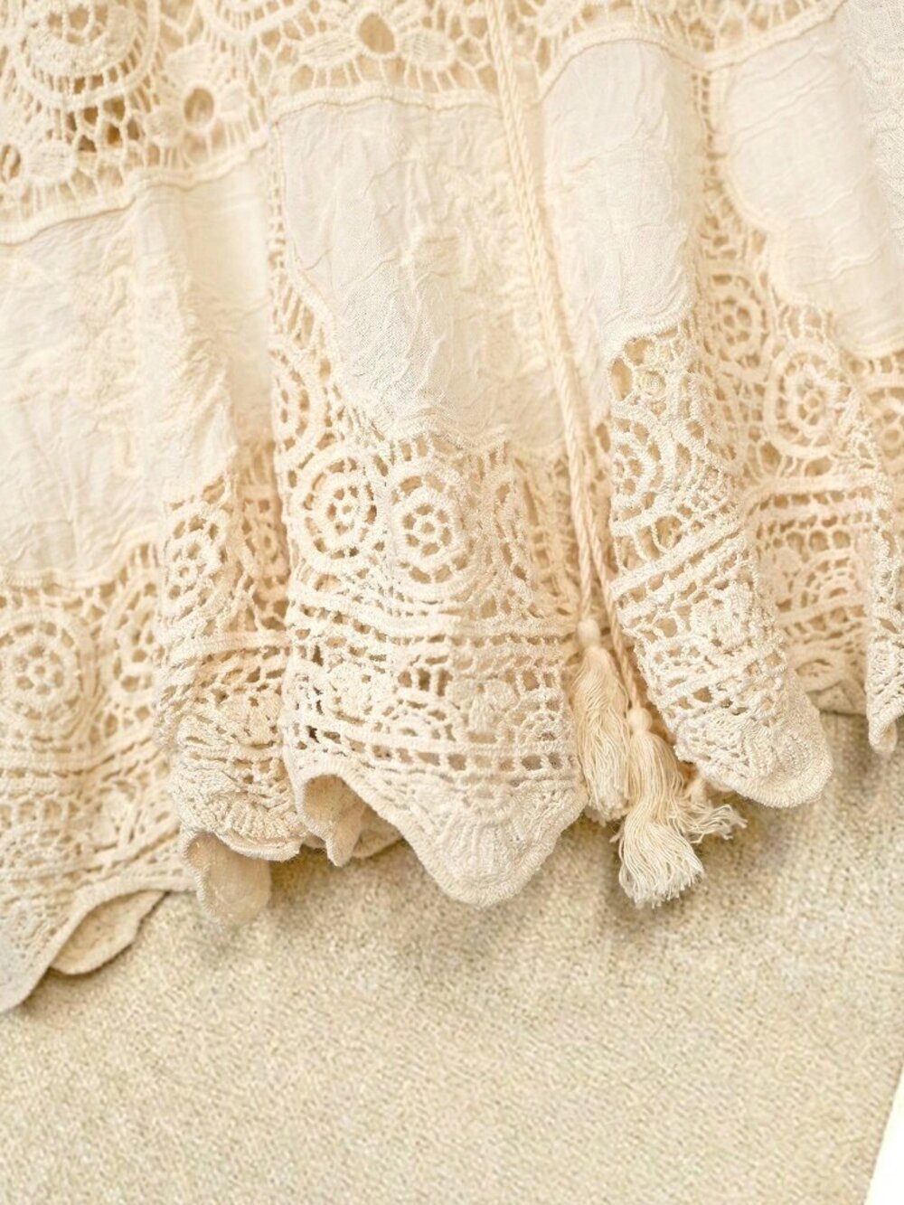 Apricot Casual Women's 3/4 Sleeve Crochet Lace V-Neck Ruffle Hem Cover Up - Picture 8 of 9